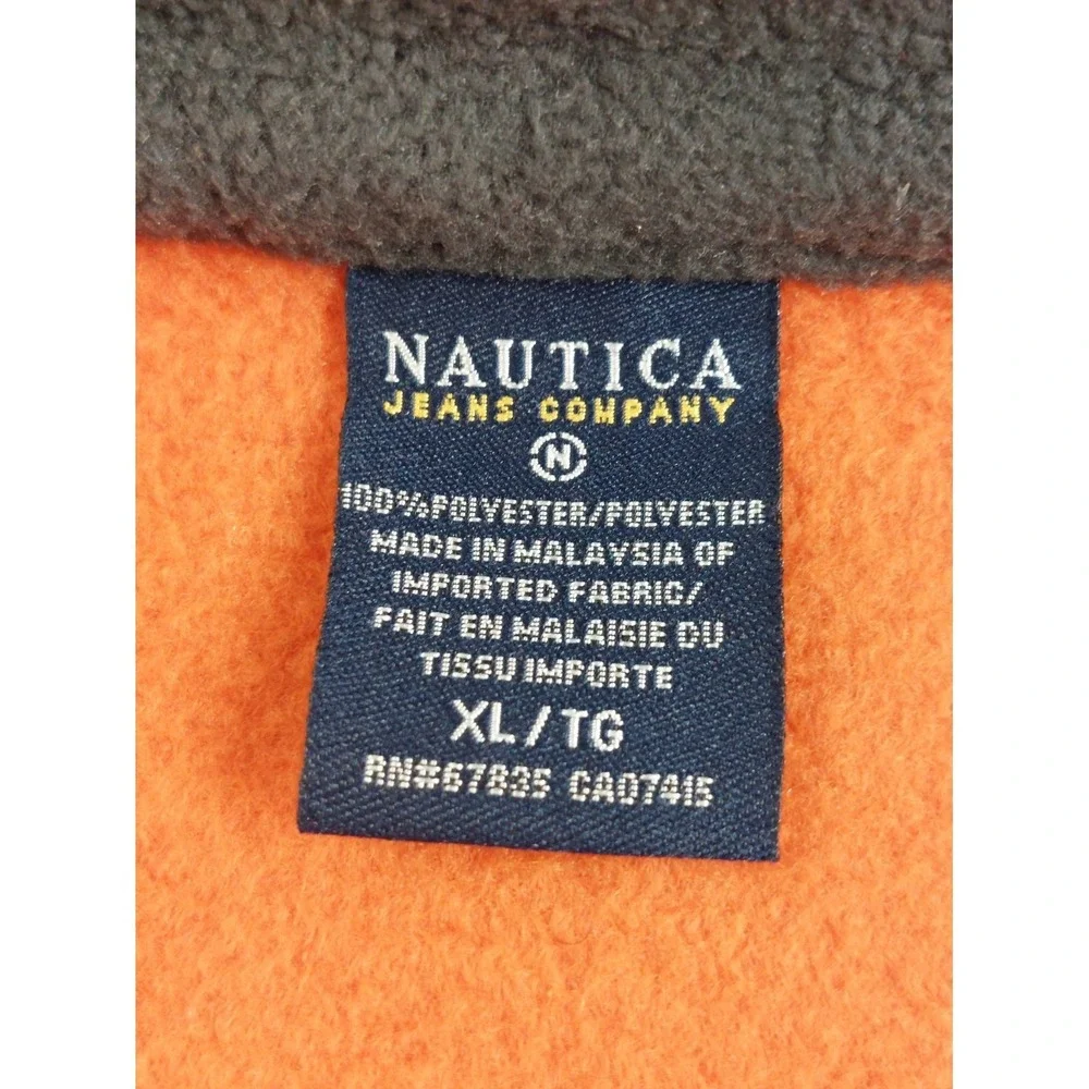 Nautica Men Vest XL Orange Fleece Zip Up Reversible Side Pockets Logo Outerwear